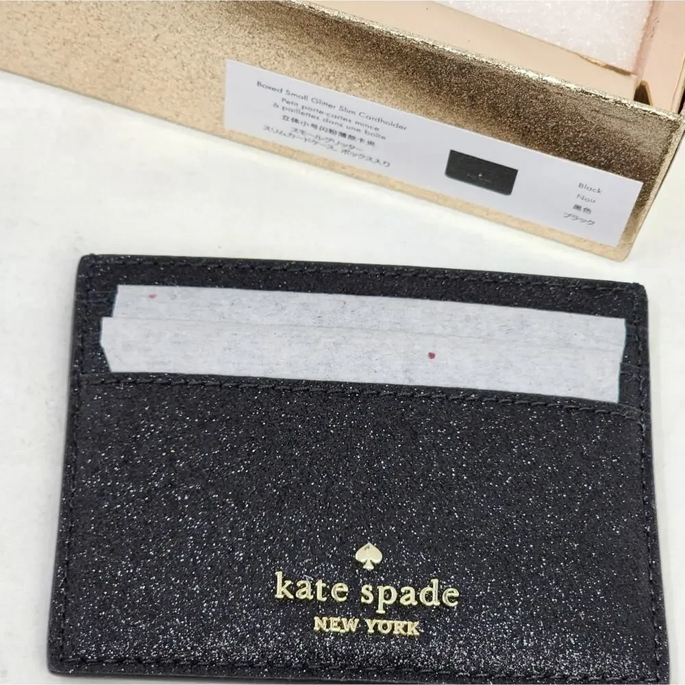 Kate Spade‎ New Black Wallet Cardholder Small Slim Leather Glitter Gift Box NWT - Picture 10 of 11